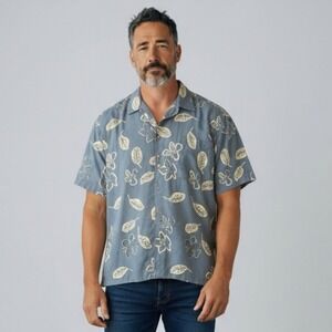 Vintage 90s Campia Moda Camp Shirt Large Blue White Rayon Aloha Floral Leaf